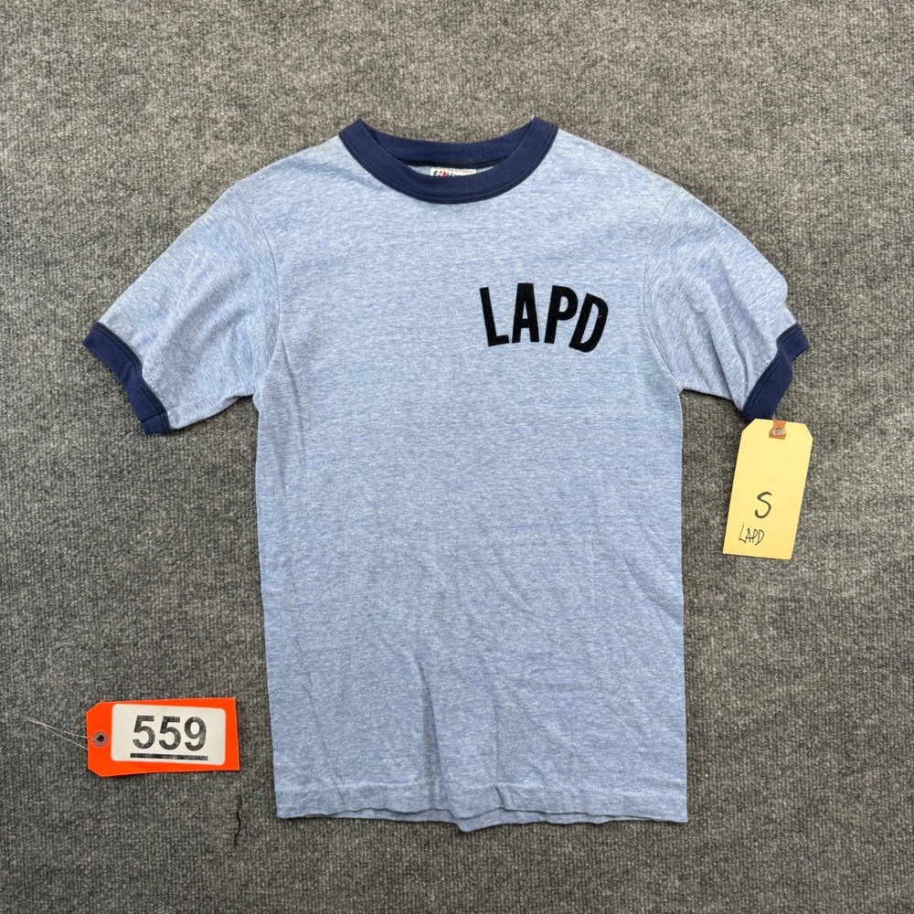 VTG 70s 80s Hanes LAPD Ringer T Shirt Tag SMALL Single Stitch fits XS To Small